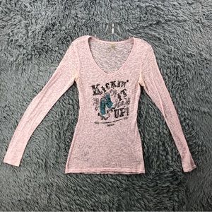 Cowgirl Shirt Justice Womens Medium Pink Burnout Vneck Kickin It Up Cowgirl Boot
